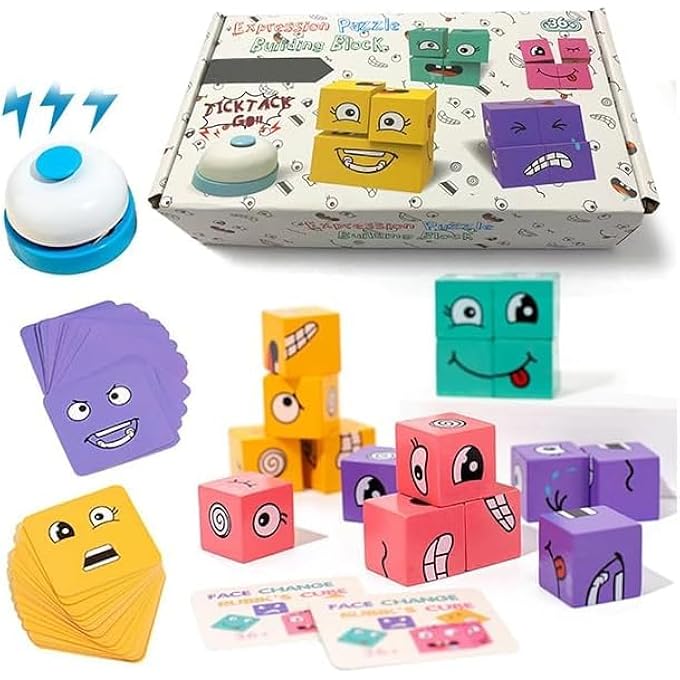 FACE CHANGING MAGIC CUBE GAME,WOODEN 3D PUZZLE FACE CHANGING CUBE GAME WITH BELL, EMOJI GAME EDUCATIONAL PUZZLES TOY BOARD GAMES FOR KIDS CHRISTMAS BIRTHDAY (A) - Image 1